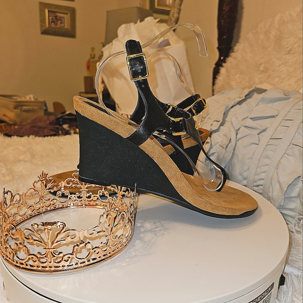 Ralph Lauren Leather Wedge Sandles Deep Navy with Gold Hardware